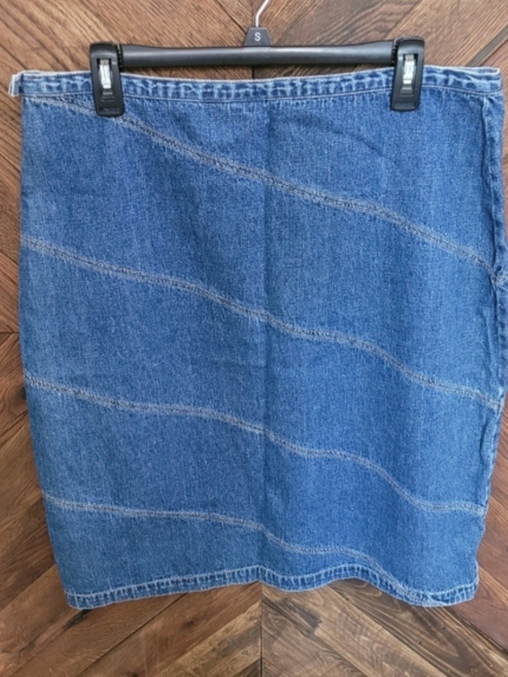 Vintage Blue Denim Wave Stitching Midi Skirt